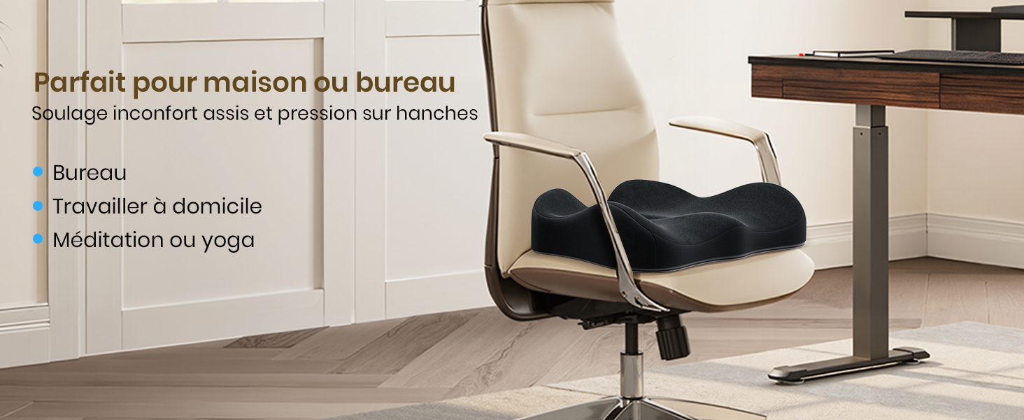 Le texte se lit comme suit : « Parfait pour maison ou bureau », « Bureau », « Travail à domicile », « Méditation ou yoga ». Cadre de bureau moderne avec chaise de bureau blanche et bureau à hauteur réglable.