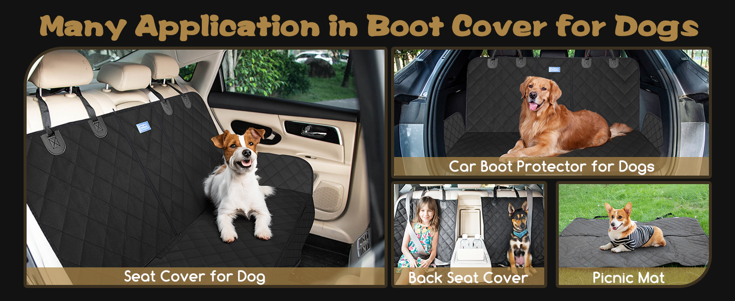 Collage of dog protection products including seat cover, boot cover, car boot protector, back seat cover, and picnic mat, showcasing various applications for dogs.