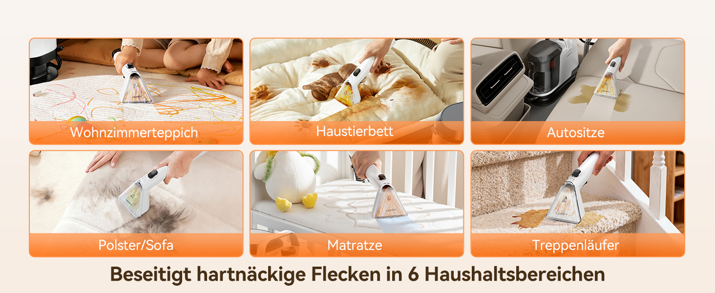 Der Text lautet „Beseitigt hartnäckige Flecken in &amp; Haushaltsbereichen“. Raster aus sechs Bildern, die das Auftragen von Reinigungsmitteln auf verschiedenen Haushaltsoberflächen und Flecken zeigen.