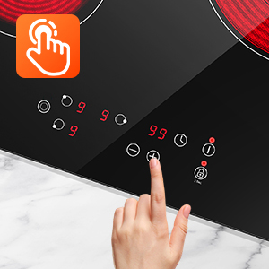 Images rapprochées des commandes de l'interface tactile sur une surface noire, montrant les boutons illuminés en rouge et l'interaction des doigts avec l'écran tactile.