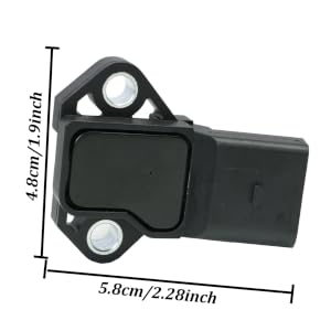 Black plastic automotive sensor or module. Rectangular shape with rounded edges, featuring a circular opening. Dimensions shown: 4.8cm/1.9inch height, 5.8cm/2.28inch width.