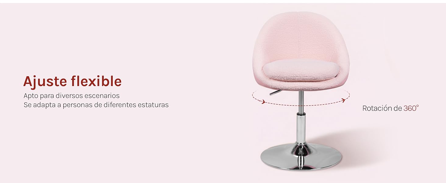 El texto dice «Ajuste flexible». Taburete ajustable tapizado en color rosa con base cromada y mecanismo elevador de gas sobre fondo blanco.