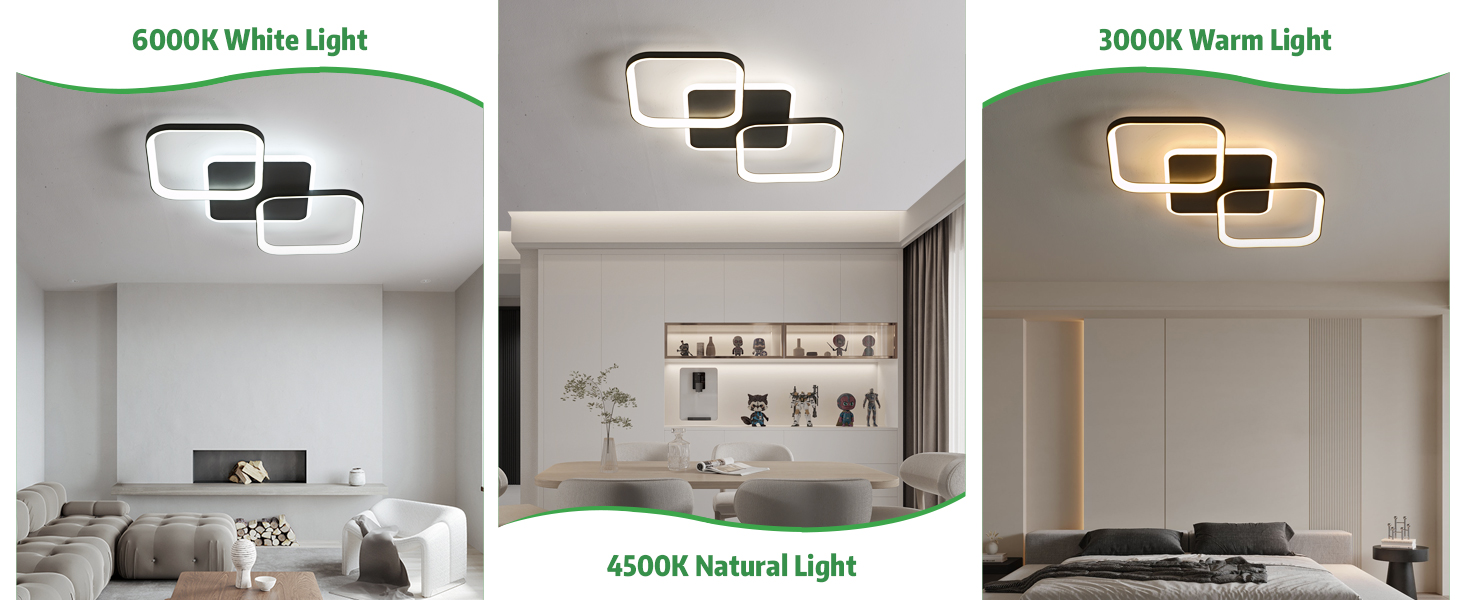 Moderne LED-Deckenleuchten in drei Farbtemperaturen: kaltweiß (6000 K), natürlich (4500 K) und warm (3000 K). Rechteckige Leuchten mit abgerundeten Ecken, die Lichteffekte in Wohnräumen demonstrieren