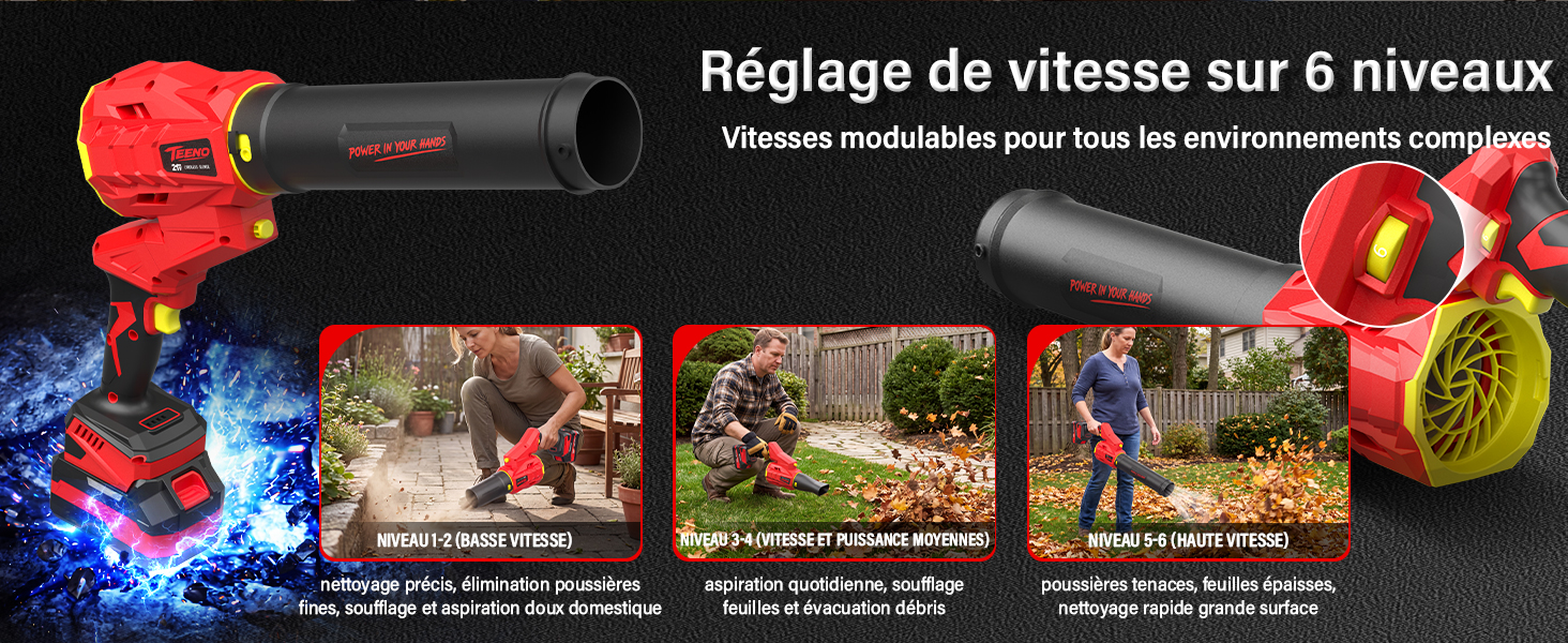 Le texte indique « Réglage de vitesse sur 6 niveaux » et « Vitesses modifiables pour tous les environnements compétitifs ». Souffleur électrique noir avec motif de fleurs rouges. Trois photos d'action montrant les utilisations du nettoyage extérieur sur la chaussée et les surfaces.