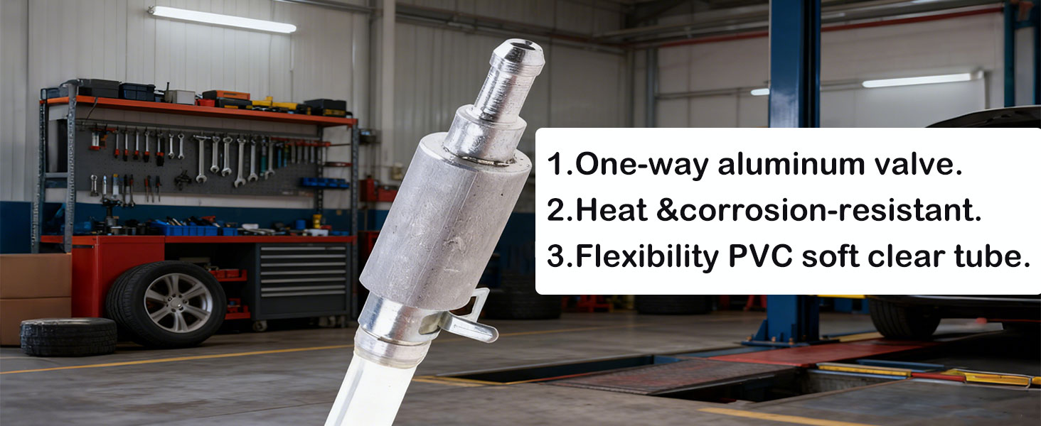Text reads: '1.One-way aluminum valve. 2.Heat &amp;corrosion-resistant. 3.Flexibility PVC soft clear tube.' Shows automotive service bay with technical components.