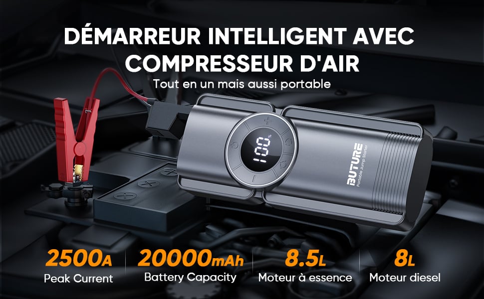 BuTure - Booster Batterie et Compresseur d'air Portatif 2500A, 23800mAh  Démarreur de Voiture (Tout Gaz ou 8,0 L Diesel), Gonfleur - Cdiscount Auto