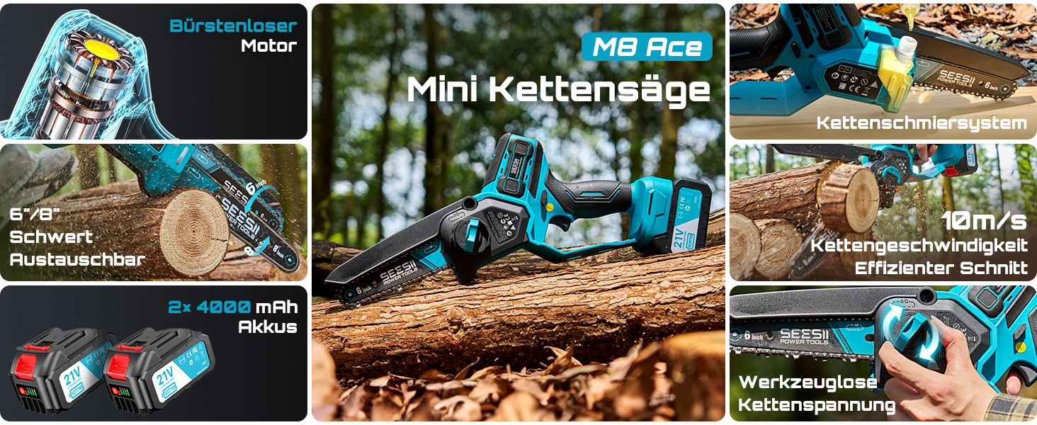 Der Text lautet „Mini Kettensäge“. Reihe von Produktbildern, die ein kompaktes blaues Elektrowerkzeug zeigen, das zum Schneiden von Holz und Ästen im Freien verwendet wird.
