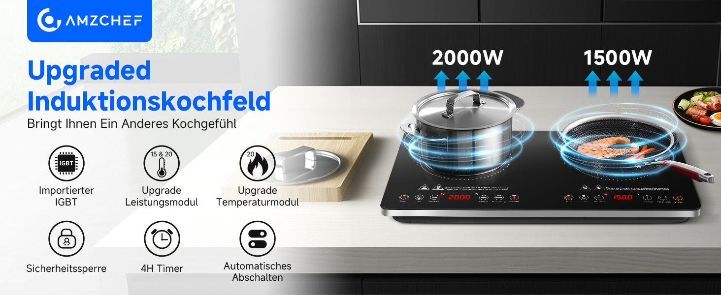 Doppelinduktionskochfeld mit 2000 W und 1500 W Brennern. Zu den Funktionen gehören Timer, Kindersicherung und automatische Abschaltung. Das Produkt zeigt die Leistung beim Kochen mit Bildern von Dampfkochtopf