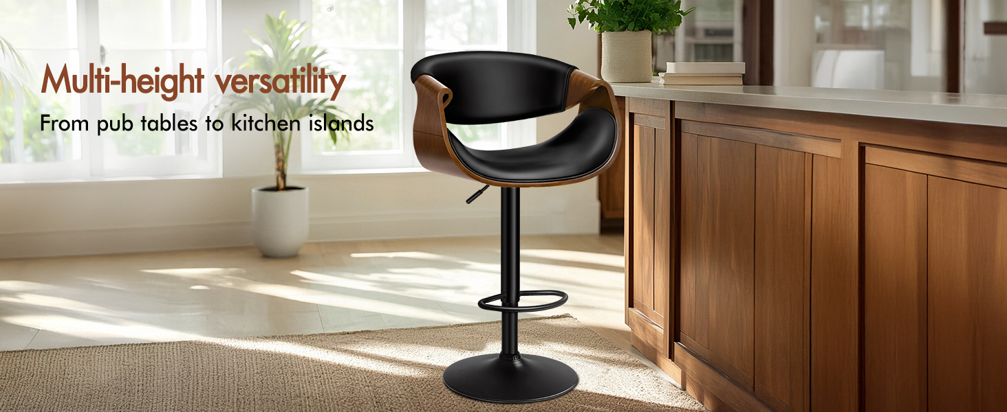 Text reads 'Multi-height versatility' and 'From pub tables to kitchen islands'. Adjustable height bar stool demonstration in kitchen setting with wood cabinets.