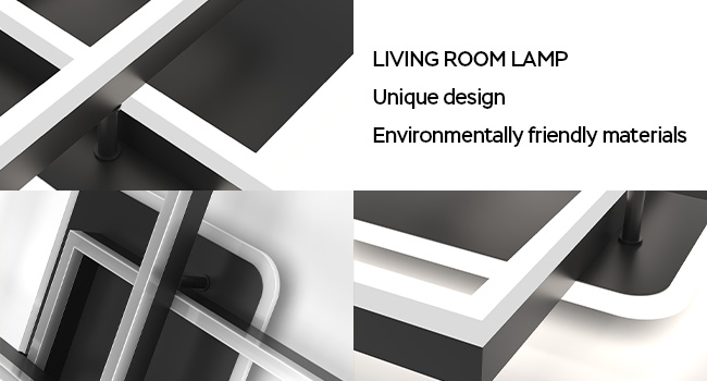 Modernes geometrisches Lampendesignkonzept mit sich kreuzenden schwarzen und weißen Elementen mit Text über einzigartiges Design und umweltfreundliche Materialien
