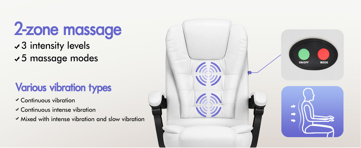Text reads '2-zone massage' with '3 intensity levels' and '4 massage modes,' plus 'Various vibration types' including 'Continuous intense vibration' and 'Mixed with intense vibration and slow vibration.' White neck/shoulder massager with dual circular massage zones, control remote with green and red buttons, and app interface icon shown.