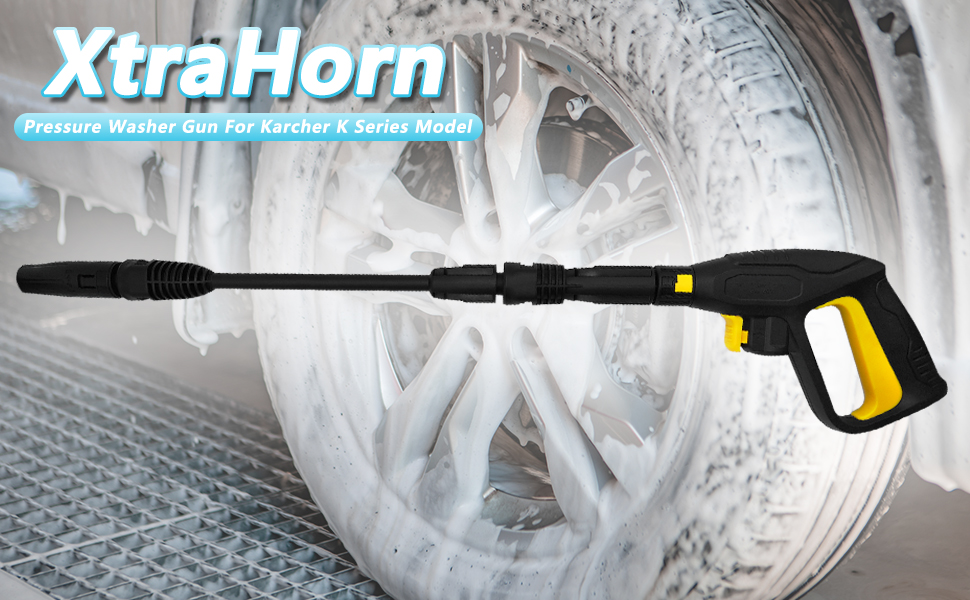 Text reads 'XtraHorn'. High-pressure water cleaning device with black handle and yellow trigger shown spraying water in demonstration photo.