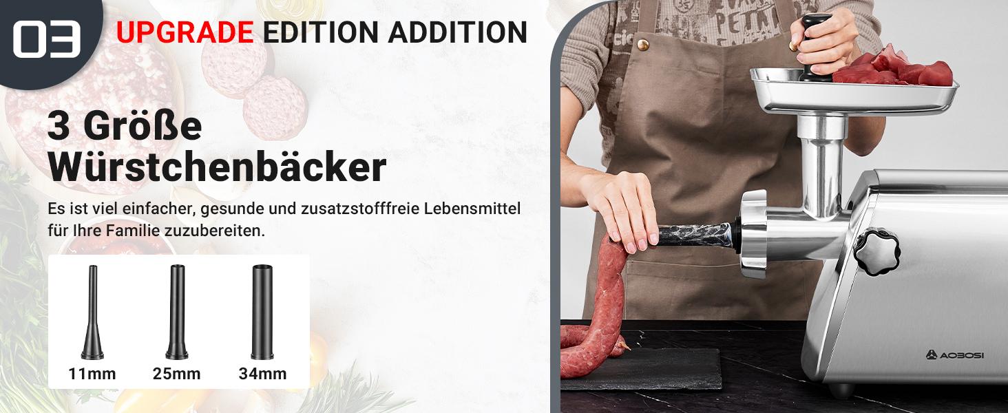 Professioneller Fleischschleiferaufsatz mit drei Scheibengrößen (19 mm, 25 mm, 34 mm), dargestellt in der Abbildung und in der Actionaufnahme des Zerkleinerens von