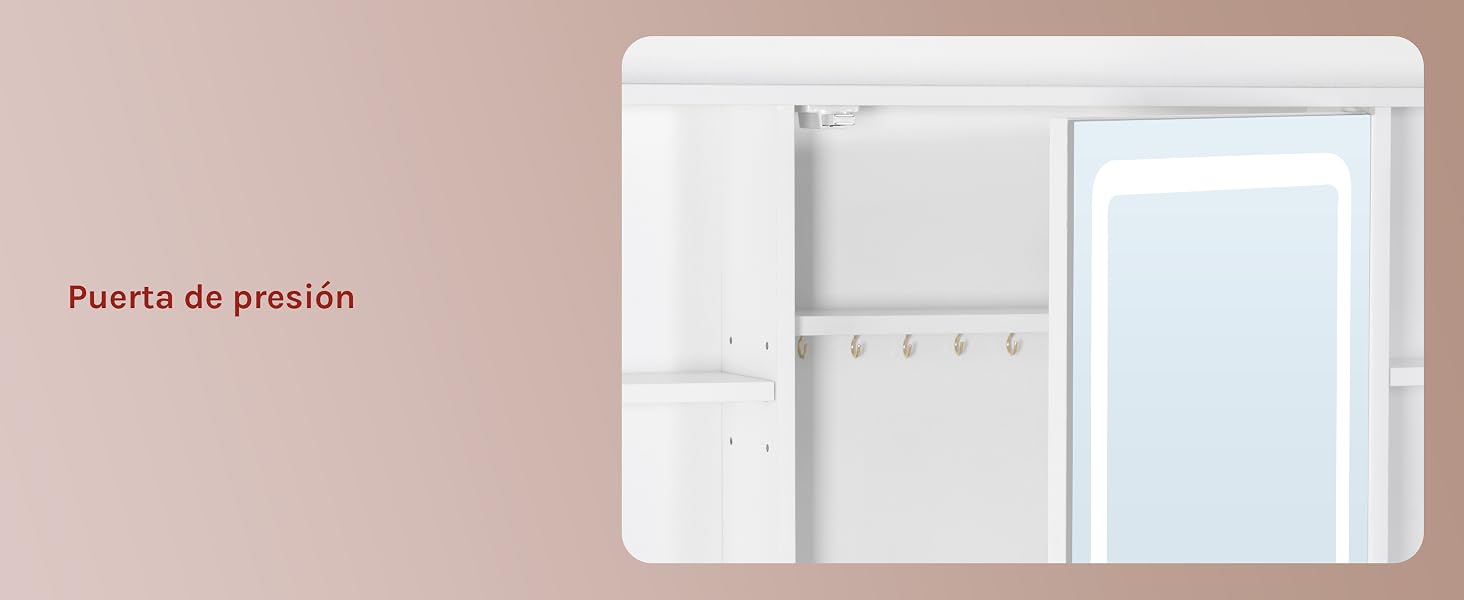 El texto dice «Puerta de presión». Puerta de armario con bisagras de color blanco con mecanismo de cierre y panel de ventana visible sobre un fondo beige.