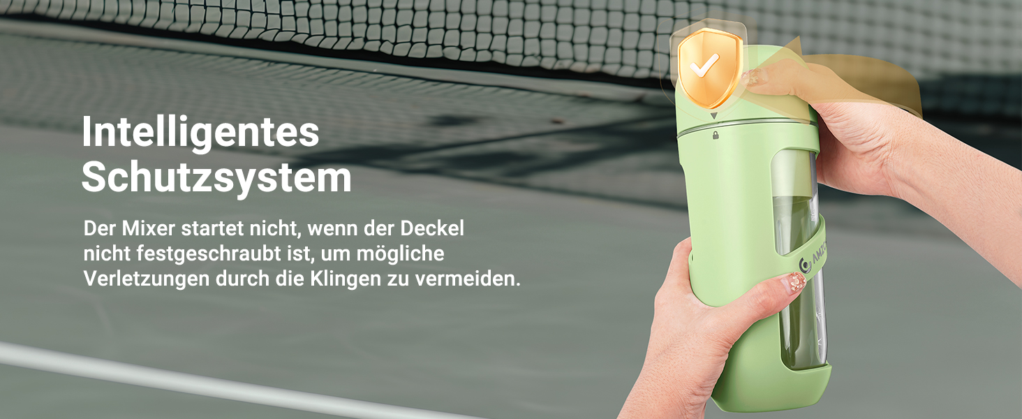 Mintgrüner tragbarer Behälter, der vor einem dunklen Hintergrund gehalten wird, mit deutscher Texteinblendung, die ein Schutzsystem beschreibt