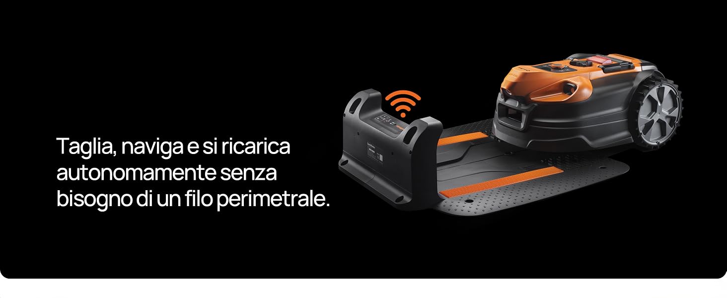 Dispositivo robotico nero e arancione con ruote e componenti tecnici visibili su sfondo scuro.