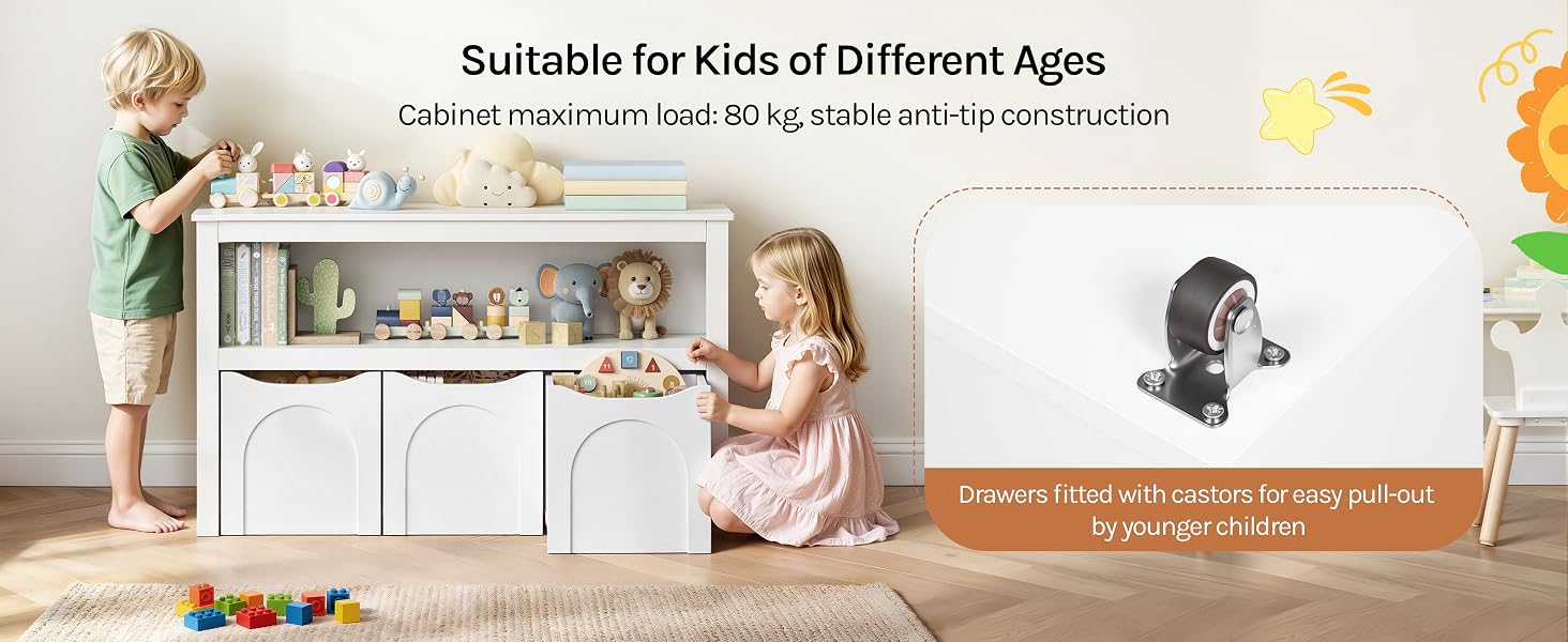 Text reads 'Suitable for Kids of Different Ages' and 'Cabinet, Yarn Craft Tape: 90+1, suitable with tic-complicated'. White storage cabinet with drawers and shelves containing toys, children playing, colorful blocks on floor, wall-mounted organizer visible.