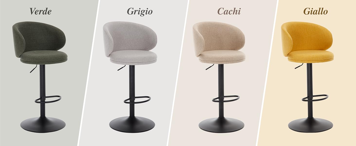Il testo recita: 'Verde', 'Grigio', 'Cachi', 'Giallo'. Quattro sgabelli da bar regolabili visualizzati nelle opzioni di colore: verde, grigio, beige e giallo, ciascuno con base e poggiapiedi neri.