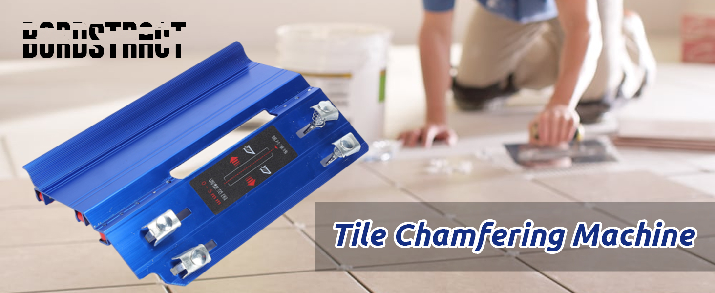 Blue metal tile chamfering machine by Bonstract brand, shown in use on floor tiles with text overlay identifying the tool.