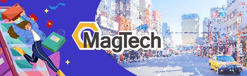 Colorful illustration combining a cartoon character, city skyline, and MagTech logo. Character holds shopping bags amid stars and geometric shapes on a vibrant purple and blue background.