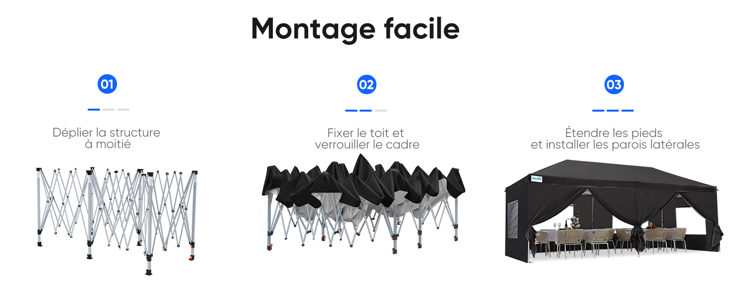 Série d'images montrant des structures à ossature métallique pliables ou pliables dans différents états d'assemblage et d'extension.