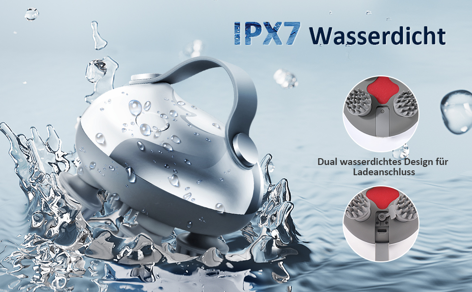Demonstration eines wasserdichten IPX7-Produkts mit Spritzwassereffekt und zwei technischen Diagrammen, die die beiden wasserdichten Konstruktionsmerkmale zeigen