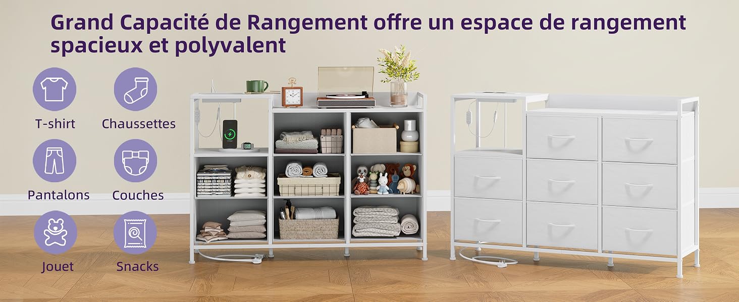 Le texte se lit comme suit : « La Grande Capacité de Rangement offre un espace de rangement spacieux et polyvalent ». Étagères modulaires blanches et armoires de rangement avec icônes d'organisation affichées.