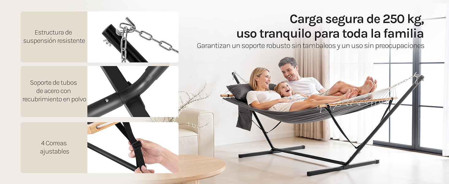 El texto dice «Carga segura de 250 kg, uso tranquilo para toda la familia». Diagrama del producto con ilustraciones de montaje y uso del soporte para hamacas.