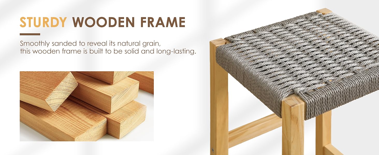 Text reads 'STURDY WOODEN FRAME'. Close-up of wooden stool or bench frame components with woven seat surface made from gray material.