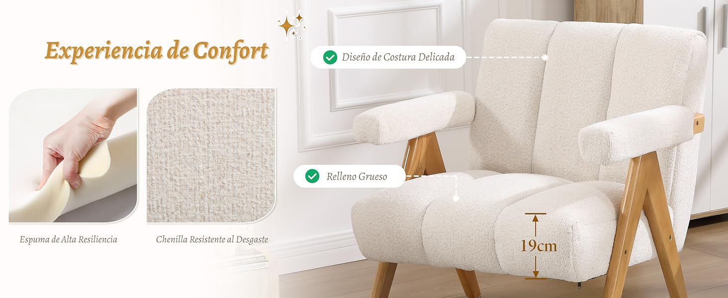 El texto dice «Experiencia de Comfort». Fotos de diseño de interiores que muestran muebles blancos y elementos decorativos en un espacio habitable minimalista.