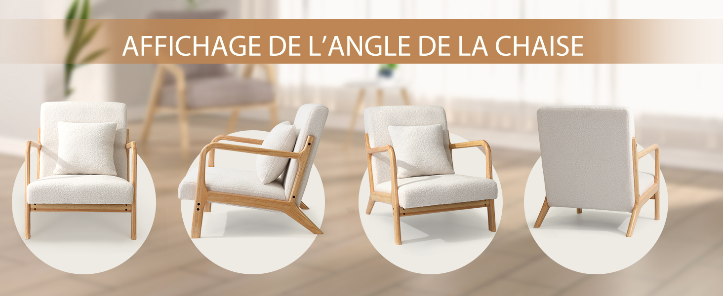 Quatre vues d'un fauteuil moderne avec structure en bois clair et revêtement blanc, présentant différents angles du profil avant au profil latéral.