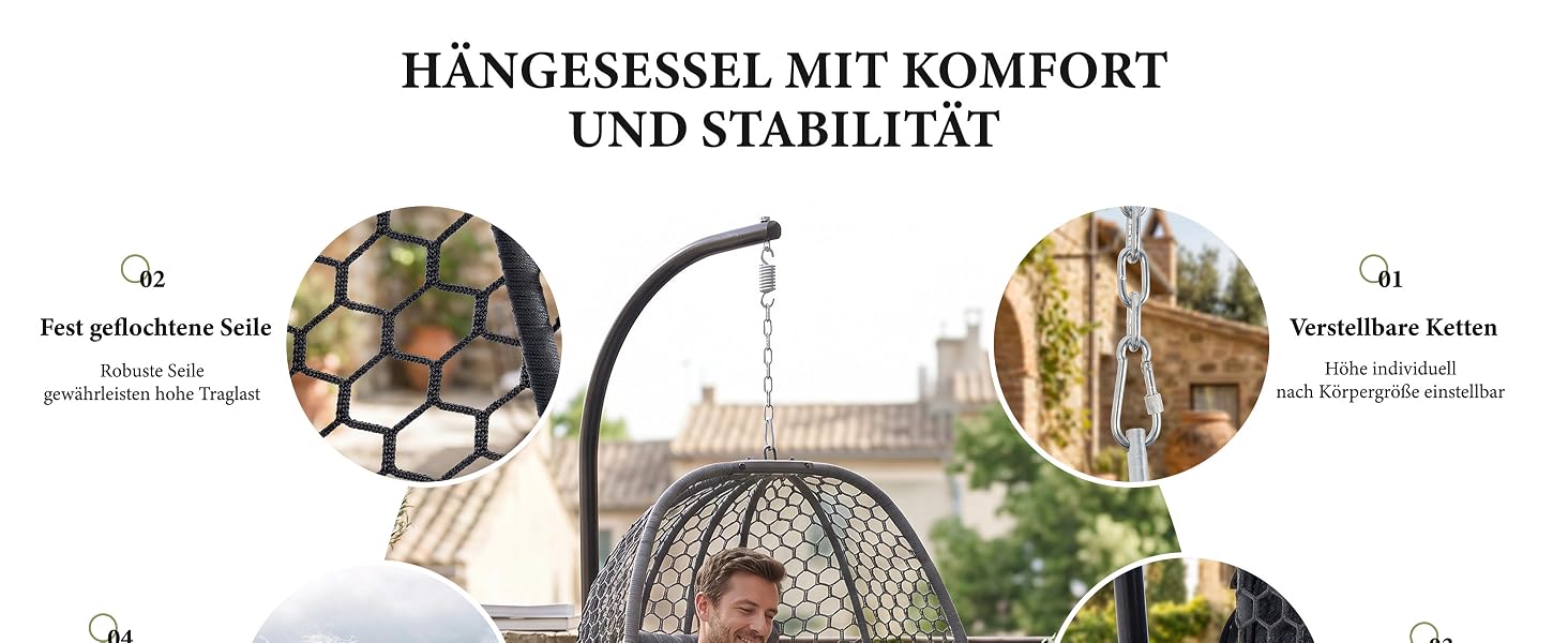 Der Text lautet „HÄNGESSEL MIT KOMFORT UND STABILITÄT“. Lifestyle-Collage, die einen Hängesessel mit Komfort- und Stabilitätsmerkmalen zeigt, einschließlich einer Nahaufnahme gewebter Sitzgelegenheiten und einer Garteneinrichtung mit Pflanzen.
