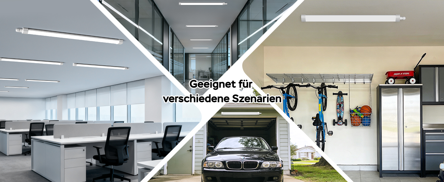 Der Text lautet „Bild 1“. Modernes Bürointerieur mit langem Flur, Glaswänden, Pendelleuchten und klarem, minimalistischem Design in Weiß- und Grautönen.
