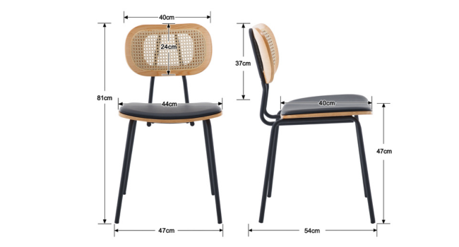 Moderner Stuhl mit Rattan-Rückenlehne, grauem gepolstertem Sitz und schwarzen Metallbeinen. Abgebildete Maße: 81 cm Höhe, 47 cm Breite, 50 cm Tiefe. Seiten- und Vorderansichten