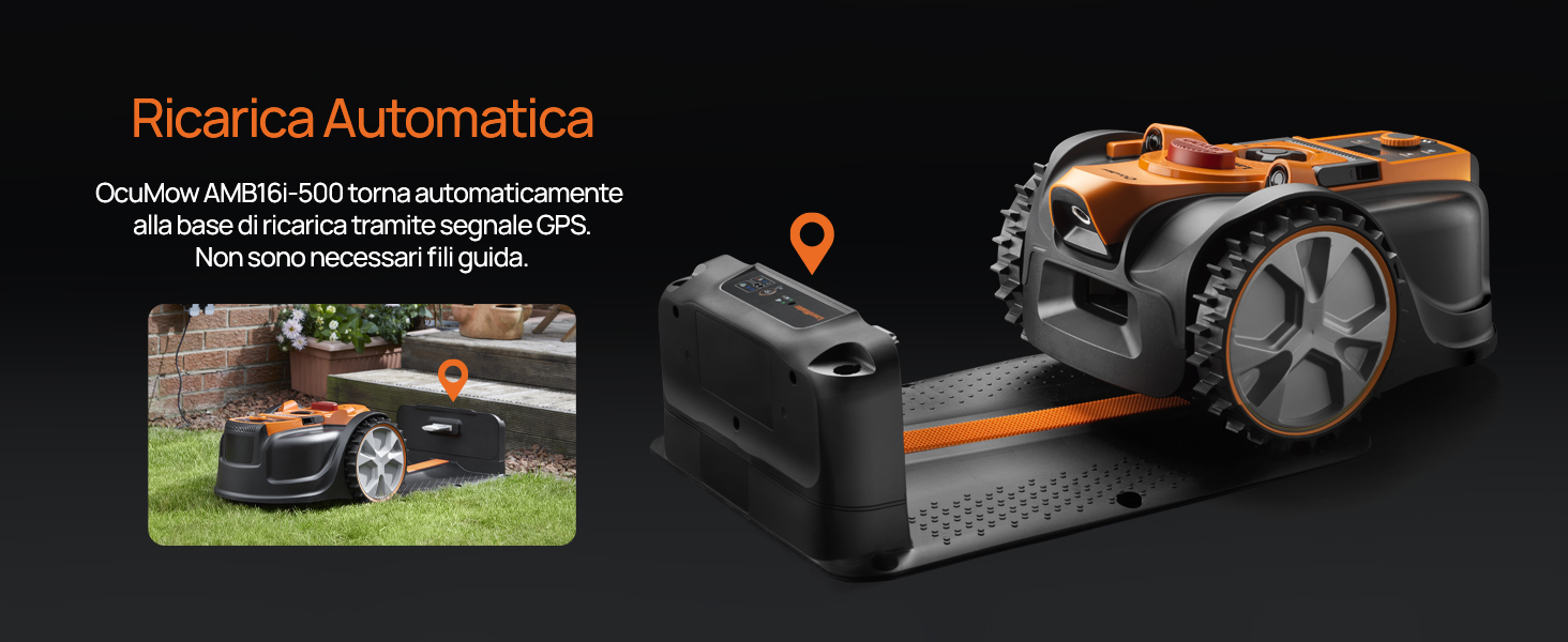Il testo recita: «Ricarica Automatica». Sequenza di immagini che mostra il robot rasaerba in azione, con stazione di ricarica e componenti del sistema di navigazione.