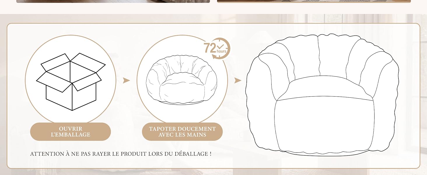 Trois schémas techniques dessinés au trait illustrant la construction de l'emballage des boîtes. Le texte indique « BOÎTE FACILE À PLIER » et « CONSTRUCTION DE BOÎTE FACILE À ASSEMBLER ». Les diagrammes illustrent le schéma de pliage, l'assemblage inférieur et la forme finale de la boîte.