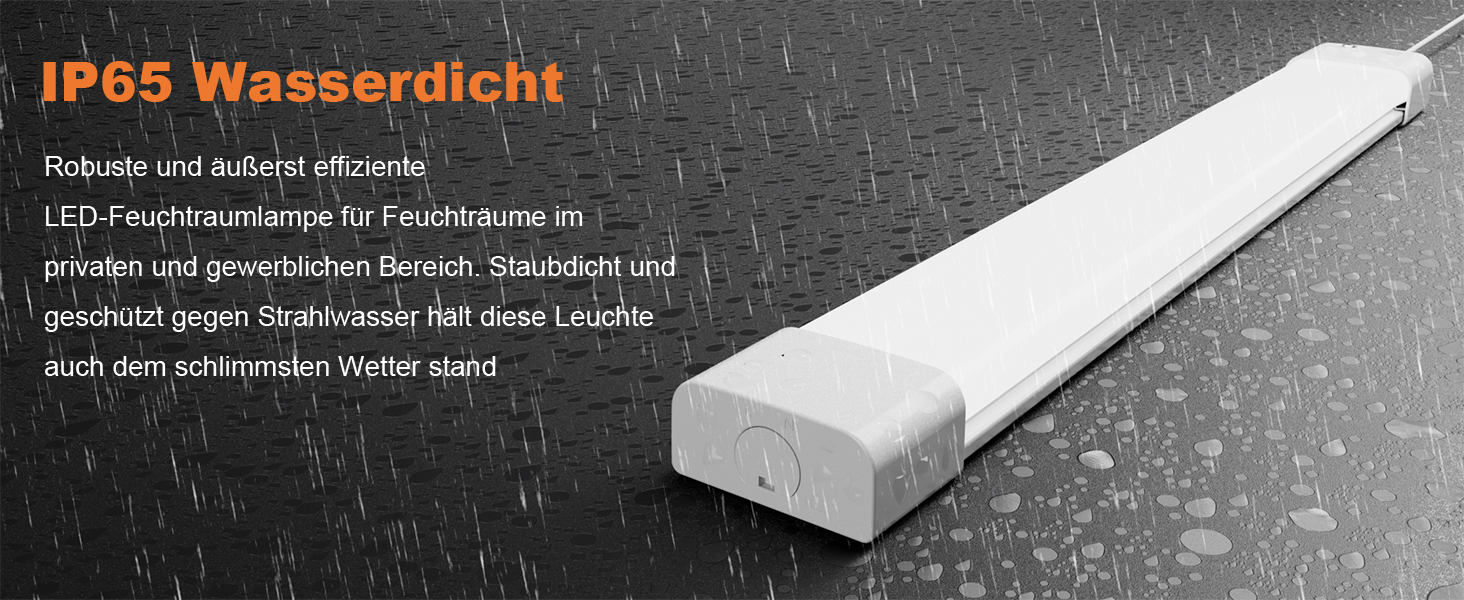 Weiße, rechteckige LED-Leuchte mit Wassertröpfchen, die ihre Wasserdichtigkeit nachweisen. Im deutschen Text steht „IP65 Wasserdicht“ (wasserdicht)