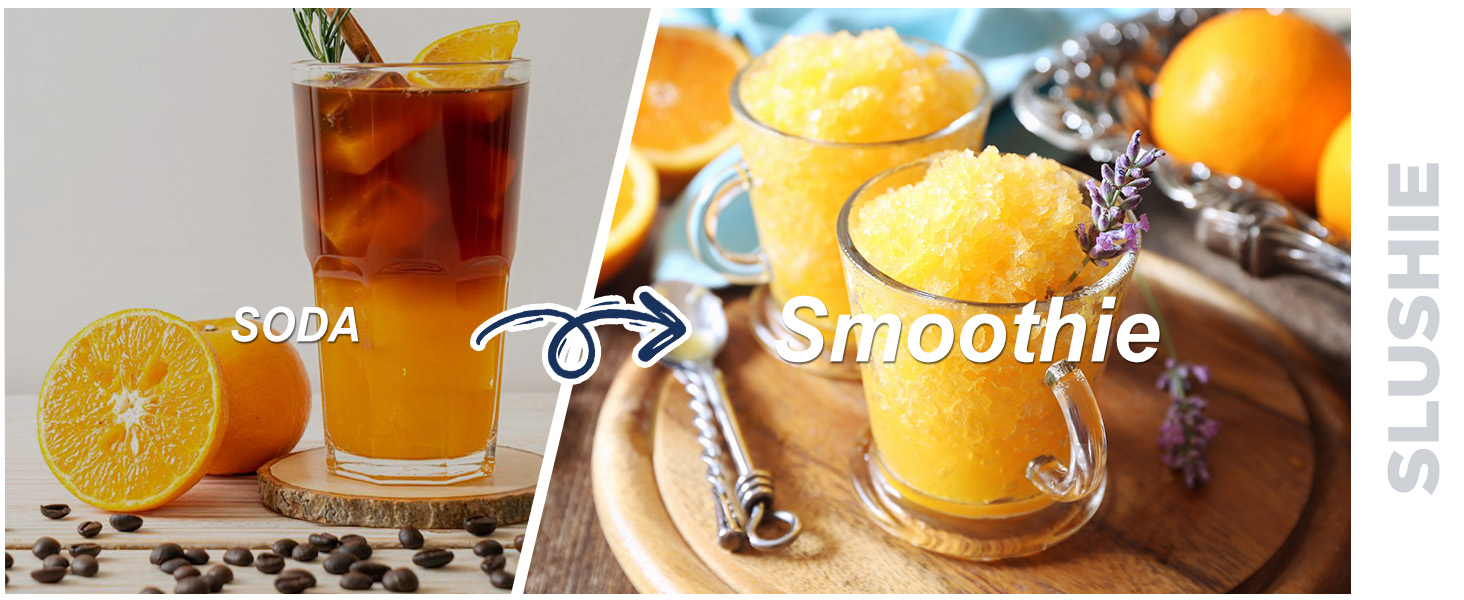 Text reads 'Smoothie'.
[SENTENCE 4] Image shows orange citrus drinks with fresh oranges and coffee beans as garnish.