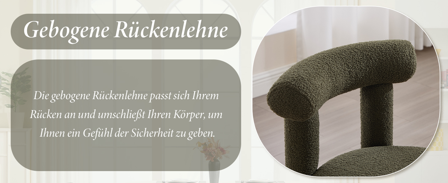 Der Text lautet „Genügend Rückenlehne“. Schwarzweiß- oder Graustufenbilder, die scheinbar Möbel oder Sitzkomponenten zeigen.