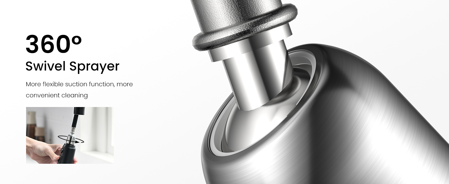 Text reads '360° Swivel Sprayer'. Silver metal spray nozzle with 360-degree rotation capability, shown with hand-use demonstration inset.