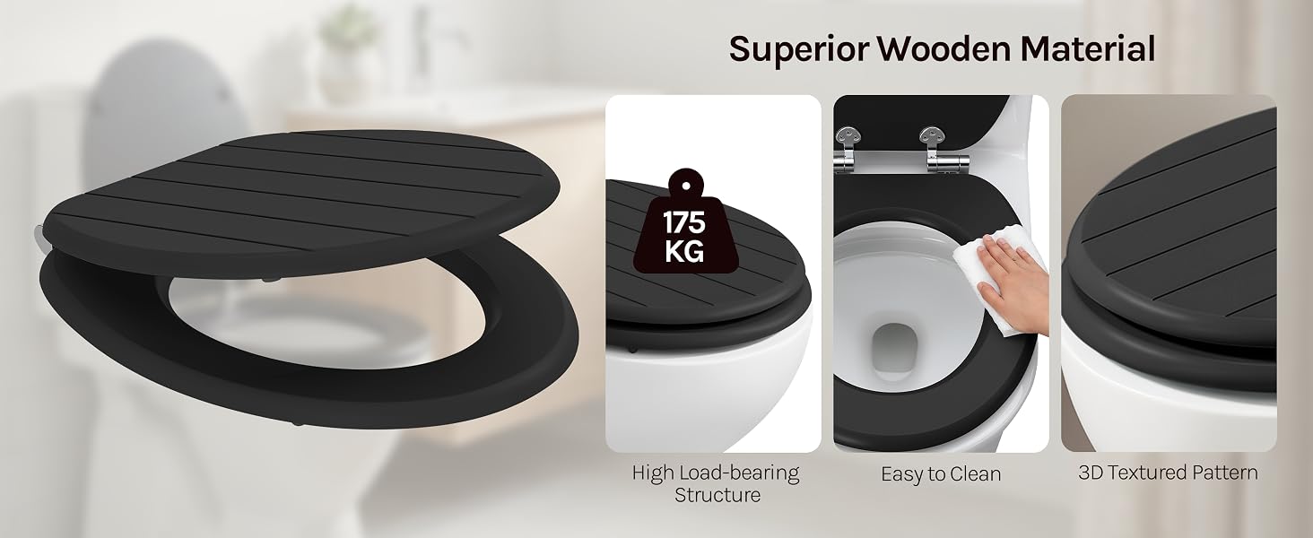 Text reads "Superior Wooden Material". Black curved wooden pet bed with cream cushion, shown from multiple angles including top view, side profile, and detail of wooden construction.