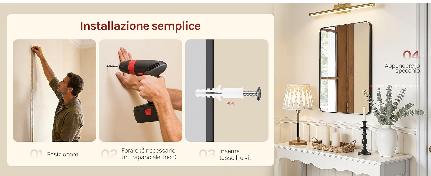 Il testo recita «Installazione semplice». Il pannello sinistro mostra tre fasi di installazione con illustrazioni. Il lato destro mostra una camera da letto moderna con specchio alto, lenzuola bianche, piante e oggetti decorativi sugli scaffali.
