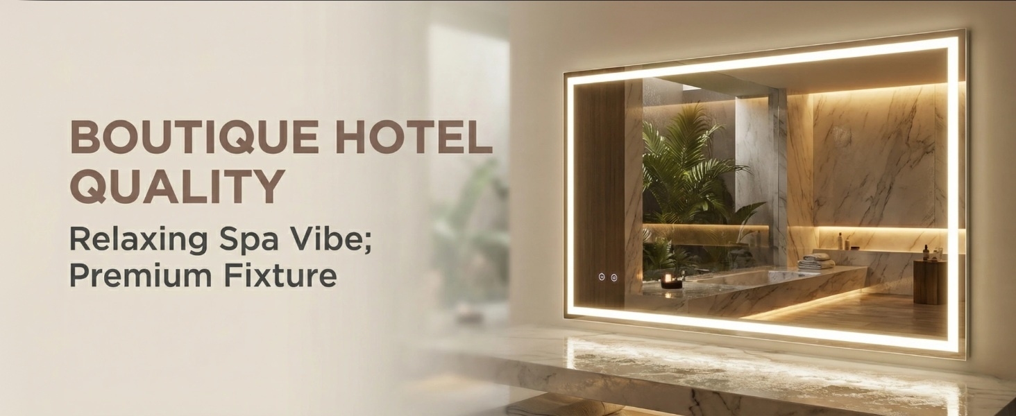 Text reads 'BOUTIQUE HOTEL' 'QUALITY' 'Relaxing Spa Vibe' 'Premium Fixture'. Interior shots of luxury hotel spaces with modern lighting.