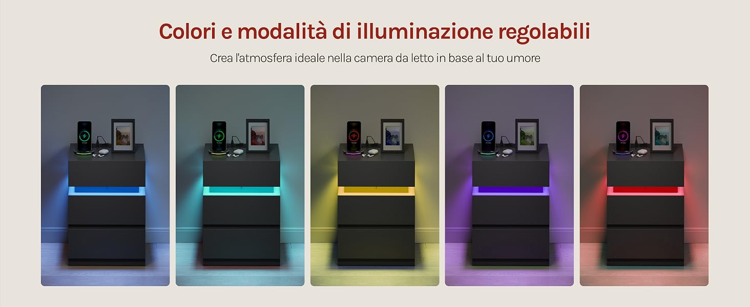 Il testo recita 'Colori e modalità di illuminazione regolabili'. Serie di immagini che mostrano strisce luminose a LED in diversi colori tra cui blu, viola, giallo e rosso.