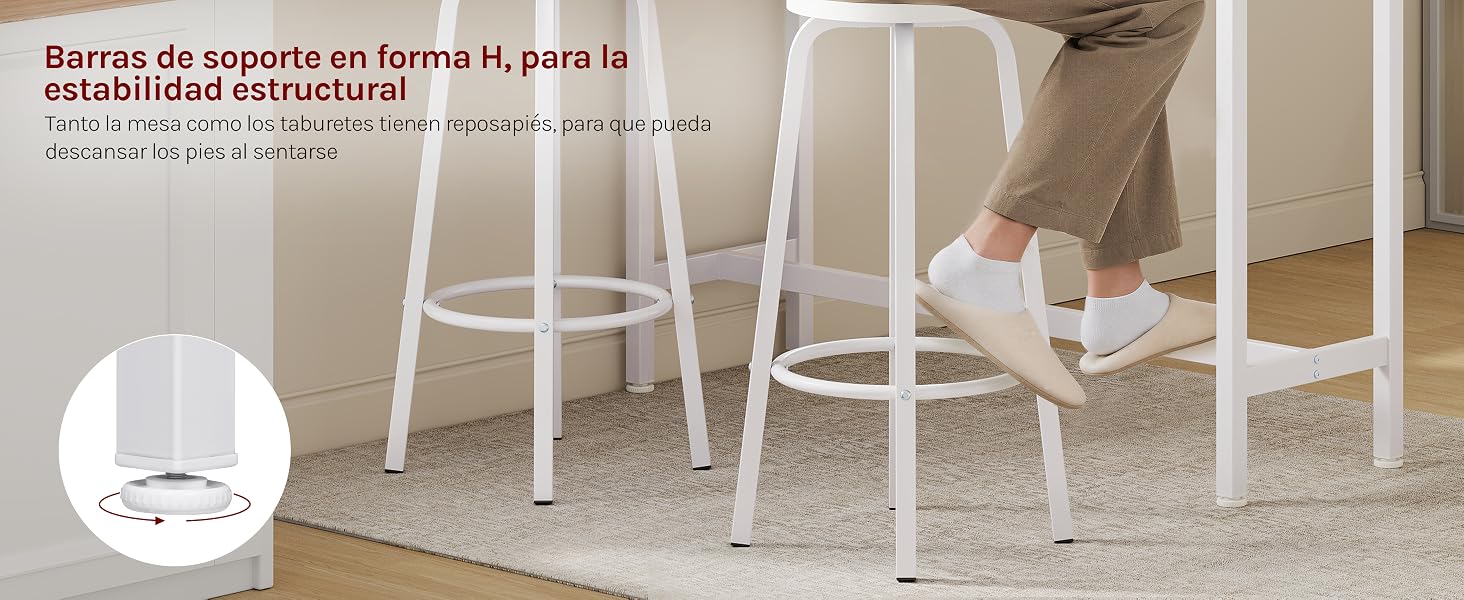 El texto dice «Barras de soporte en forma U, para la estabilidad del columpio» (barras de soporte en forma de U para la estabilidad del balanceo). Taburetes de bar blancos para colocar debajo de la mesa con el detalle de instalación resaltado en un círculo.