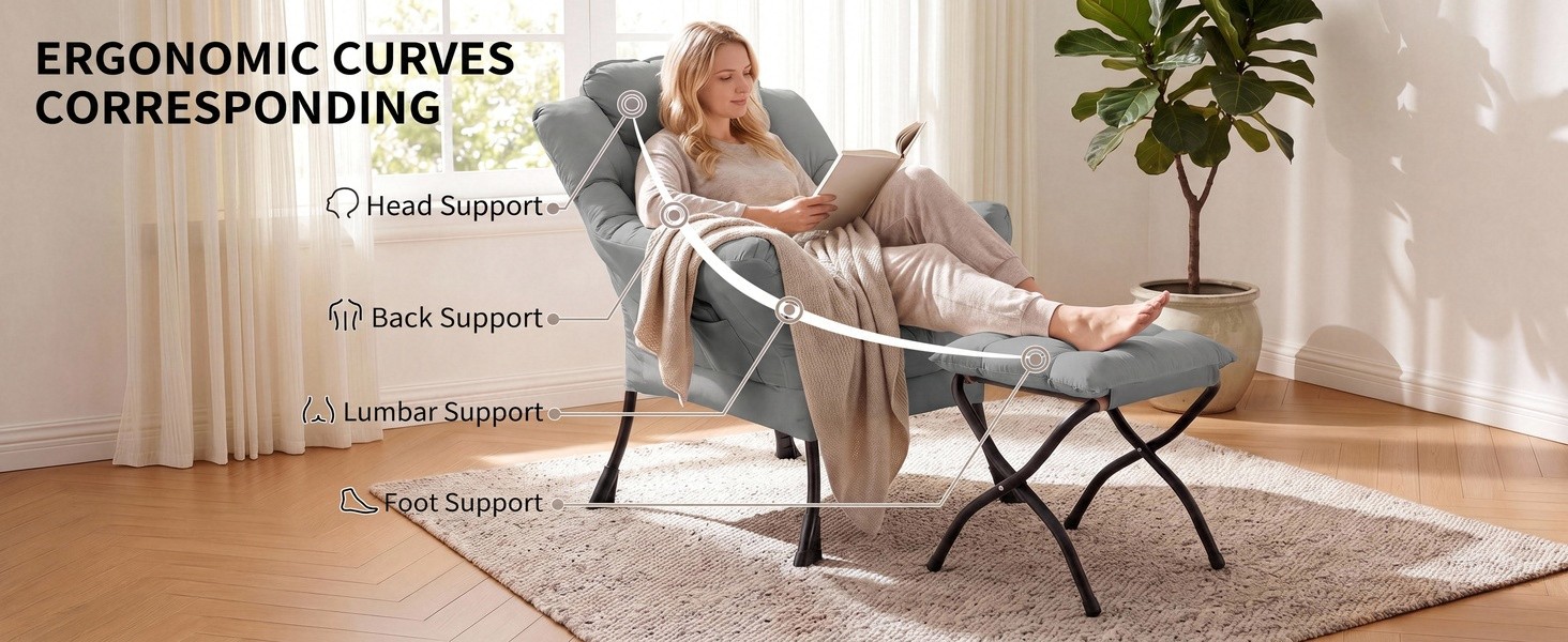 Text reads 'ERGONOMIC CURVES CORRESPONDING'. Image shows chair with ergonomic design in living room setting with person seated, demonstrating backrest and support structure.