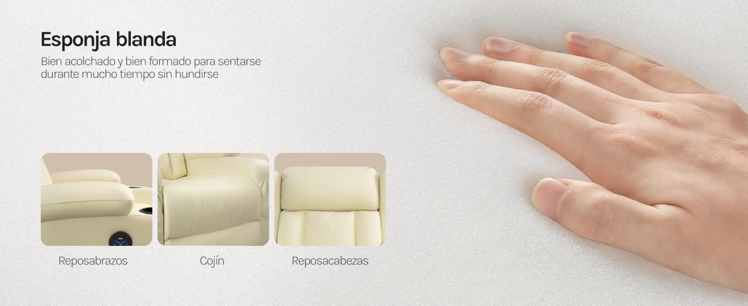 Demostración de la flexibilidad de una esponja suave. Una mano presiona un cojín o colchón de color beige, lo que demuestra su capacidad para adaptarse a la presión.