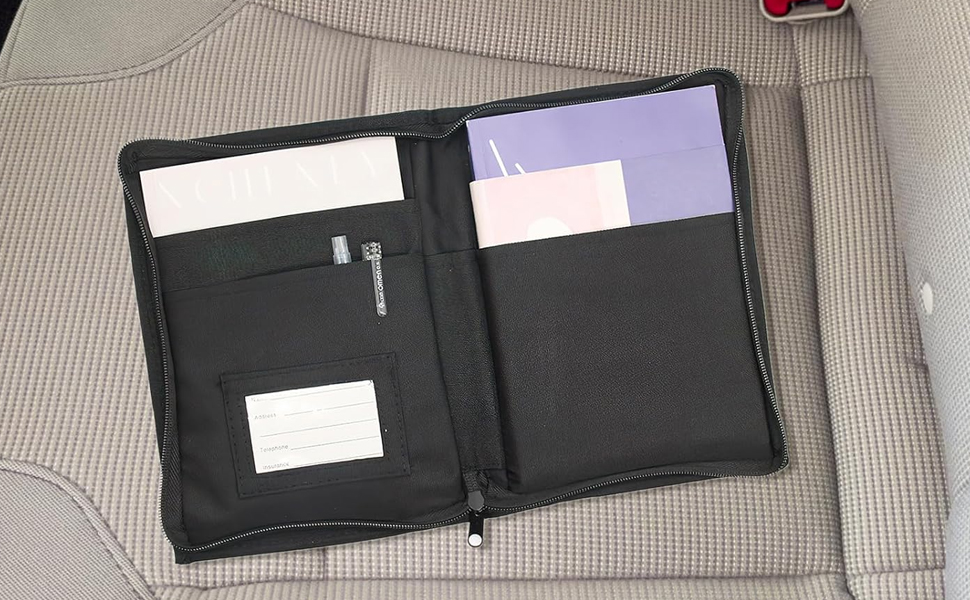 Black bifold wallet opened displaying multiple interior card slots and compartments with white and purple card inserts visible.