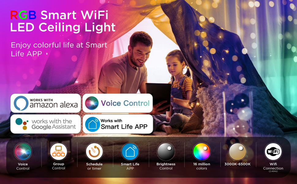 Le texte indique « Plafonnier LED WiFi intelligent ». Interface montrant un panneau de commande d'éclairage intelligent avec plusieurs icônes colorées pour différents modes et paramètres d'éclairage.