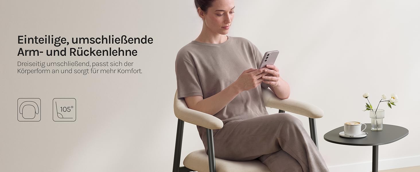 Der Text lautet „Einfältiges unverblühbares Arm- und Rückenlehne“. Sitzender Mann im beigen T-Shirt, während er gestikuliert, einen kleinen Produktbehälter in der Hand. Die Mindestanzahl der Produktsymbole ist unten abgebildet.